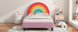 Rainbow Design Upholstered Twin Platform Bed Cute Style Princess Bed for Boys & Girls, Teens, Colorful & Pink - V.I.P Digital Presence