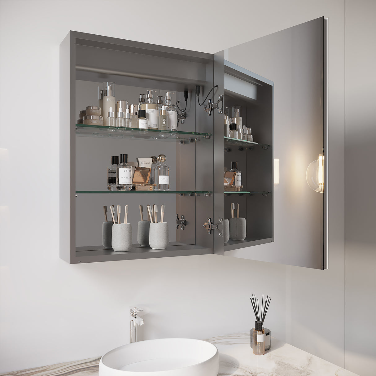 26x20 inch Bathroom Medicine Cabinet with LED Mirror, Anti-Fog, Waterproof3000K~6000K Single Door Lighted Bathroom Cabinet with Touch SwichDimmable Recessed or Surface Mount (Right Door) - V.I.P Digital Presence