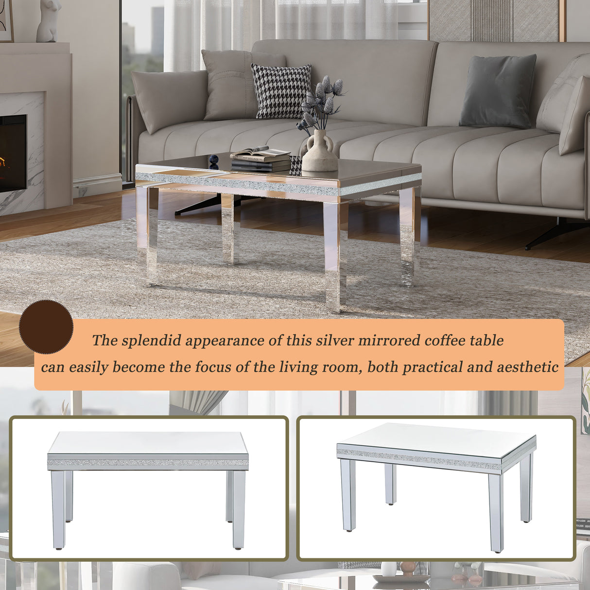 The ON-TRANS stylish modern glass mirrored coffee table features a crystal design and adjustable height legs in silver - V.I.P Digital Presence