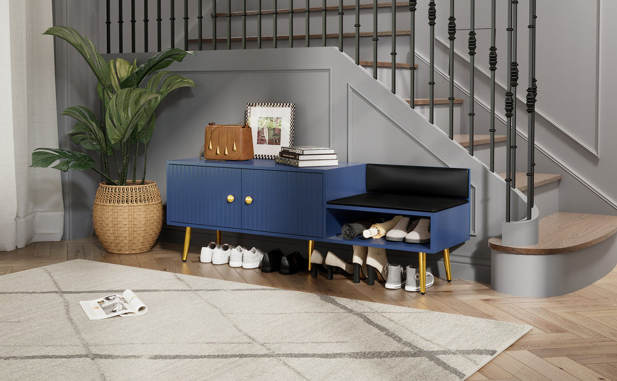 Modern Shoe Storage Bench with Hidden Storage and Upholstered Cushions for Bedside, Living Room and Entryway (Navy) - V.I.P Digital Presence