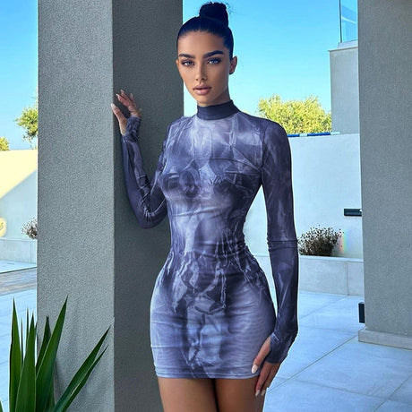 High Neck Long Sleeve Printed Dress - V.I.P Digital Presence