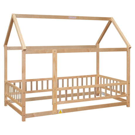 Twin Size Floor Wooden Bed with House Roof Frame, Fence Guardrails - V.I.P Digital Presence