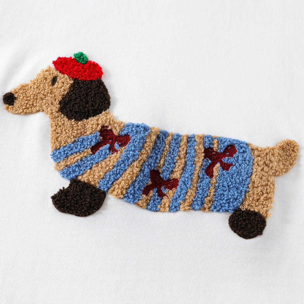 Sausage Dog Flocking Embroidery Short Sleeve T-Shirt Unisex INS Casual Loose Pure Cotton Top Summer Tee Street Fashion - V.I.P Digital Presence