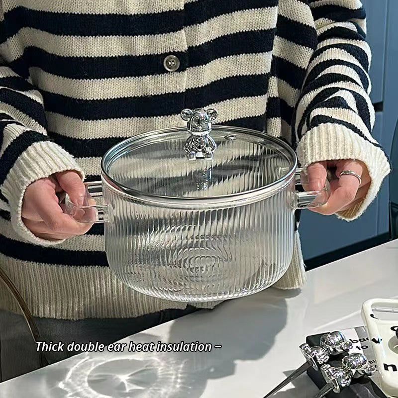 Small Bear Soup Bowl, Large Household New High Beauty Salad Bowl, Instant Noodle Bowl with Cover, Double Ear Glass Pot - V.I.P Digital Presence