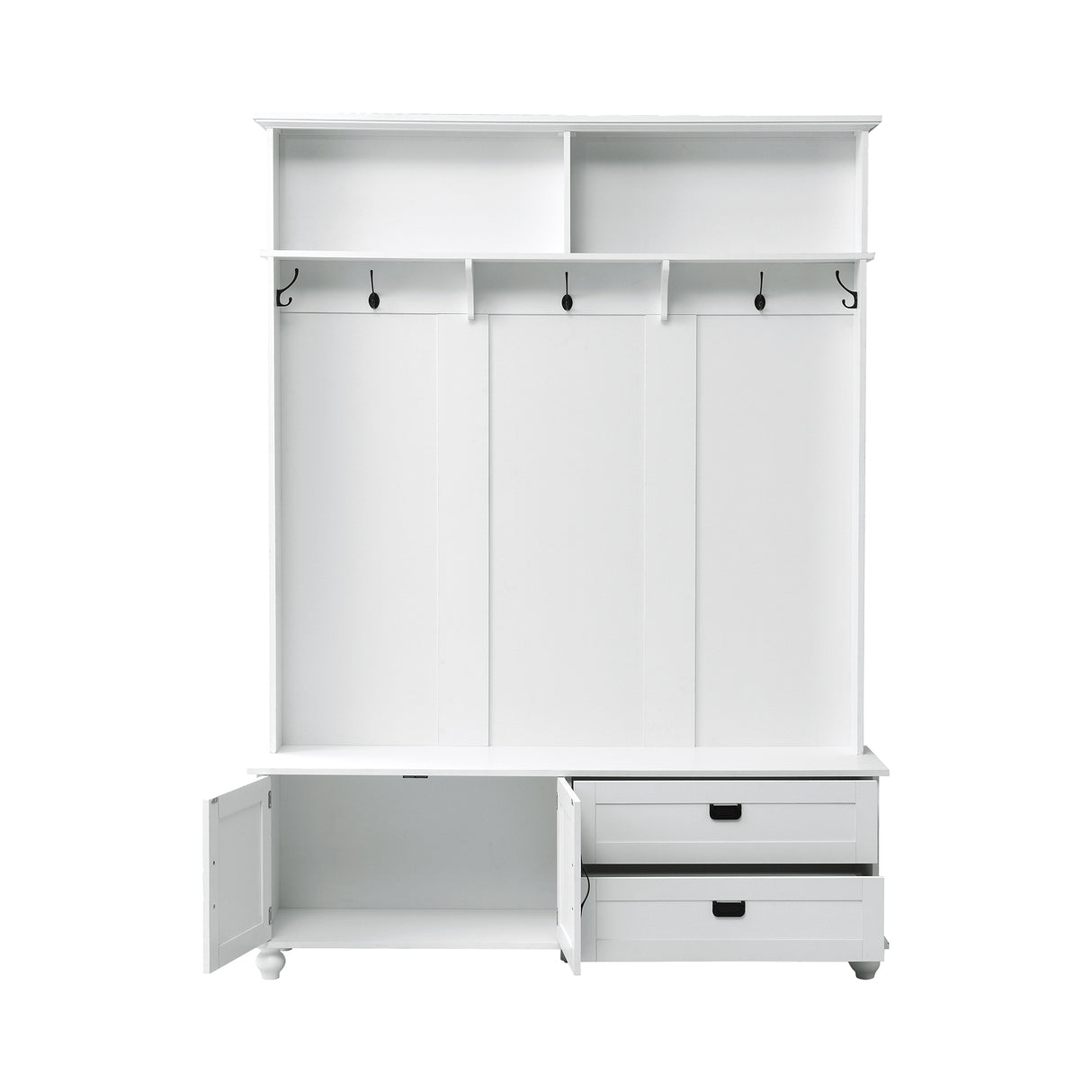 ON-TREND Modern Style Hall Tree with Storage Cabinet and 2 Large Drawers, Widen Mudroom Bench with 5 Coat Hooks, White - V.I.P Digital Presence