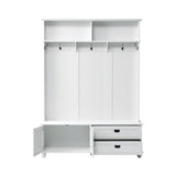 ON-TREND Modern Style Hall Tree with Storage Cabinet and 2 Large Drawers, Widen Mudroom Bench with 5 Coat Hooks, White - V.I.P Digital Presence