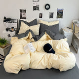 Washed Cotton Solid Color Double Spliced Four-Piece Bedding Set - Sheet, Quilt Cover, Pillowcases for Employee and Dormitory Use