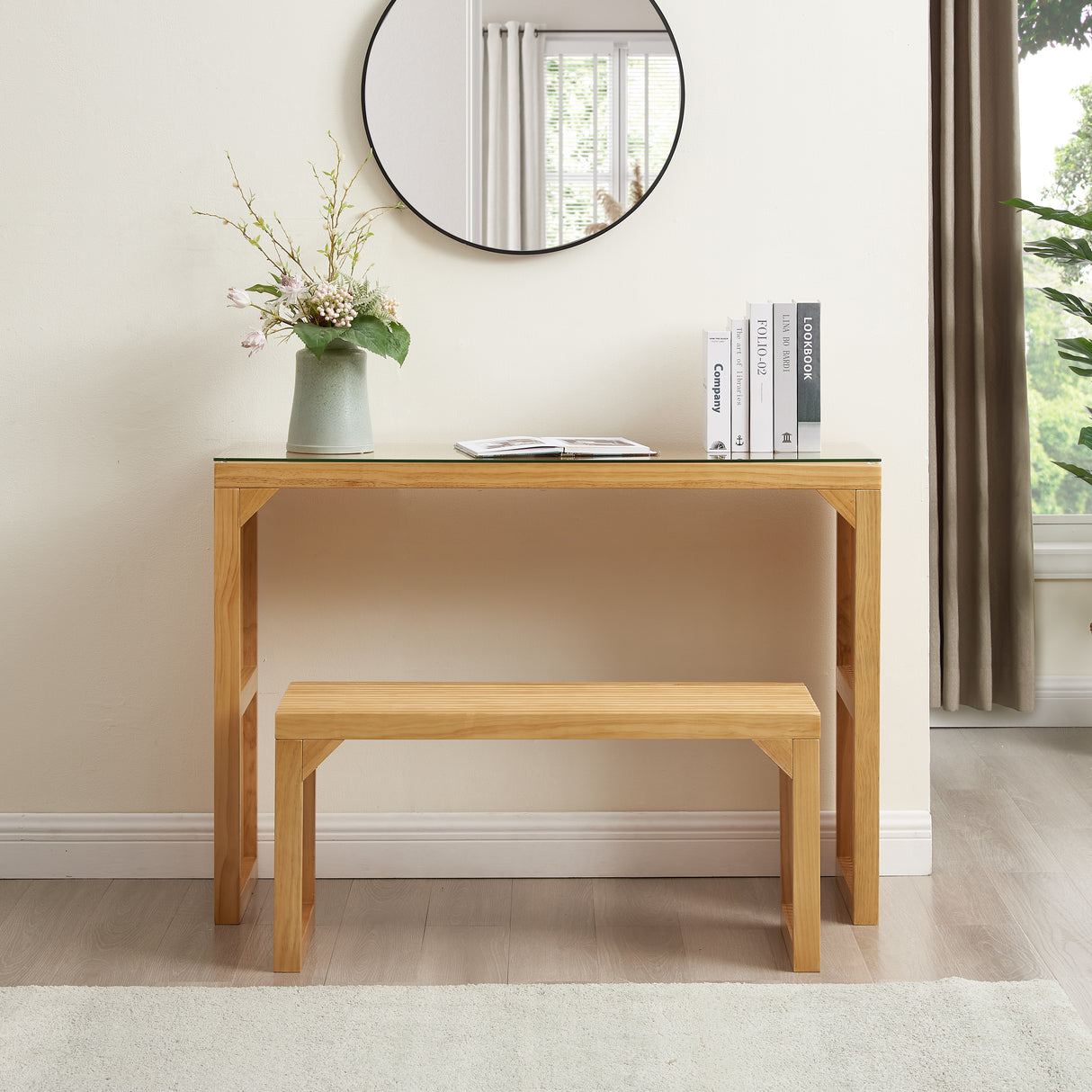 Dining Bench and Table, Pine Indoor Wood Bench for Entryway,Living Room,Kitchen and Bedroom Table (Nature, Long Bench & Table) - V.I.P Digital Presence
