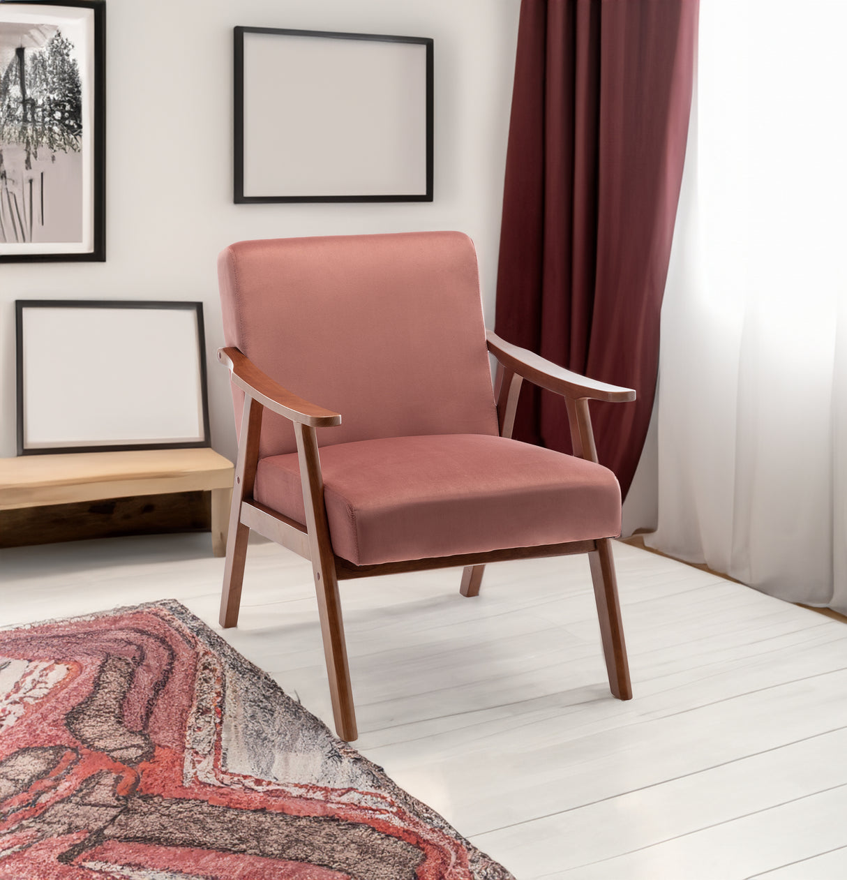 Mid-Century Modern Chair, Living Room Chair with Solid Wood Frame, Accent Chair Extra-Thick Backrest, Wingback Chair for Bedroom - V.I.P Digital Presence