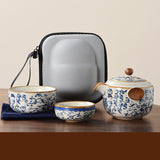 Blue and white beige Ru kiln travel tea set one pot three cups outdoor portable entwined lotus ceramic retro teapot - V.I.P Digital Presence
