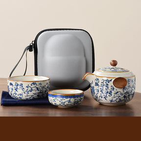 Blue and white beige Ru kiln travel tea set one pot three cups outdoor portable entwined lotus ceramic retro teapot - V.I.P Digital Presence