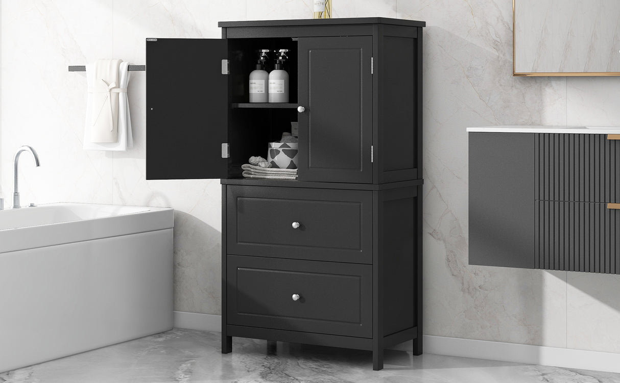 Bathroom Storage Cabinet, Cabinet with Two Doors and Drawers, Adjustable Shelf, MDF Board, Black - V.I.P Digital Presence