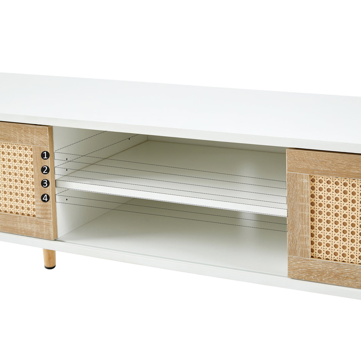 55.12" Rattan TV cabinet double sliding doors for storage adjustable shelf solid wood legs TV console for living room  White - V.I.P Digital Presence