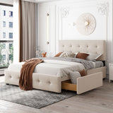 Upholstered Platform Bed with Classic Headboard and 4 Drawers No Box Spring Needed Linen Fabric Queen Size Beige - V.I.P Digital Presence