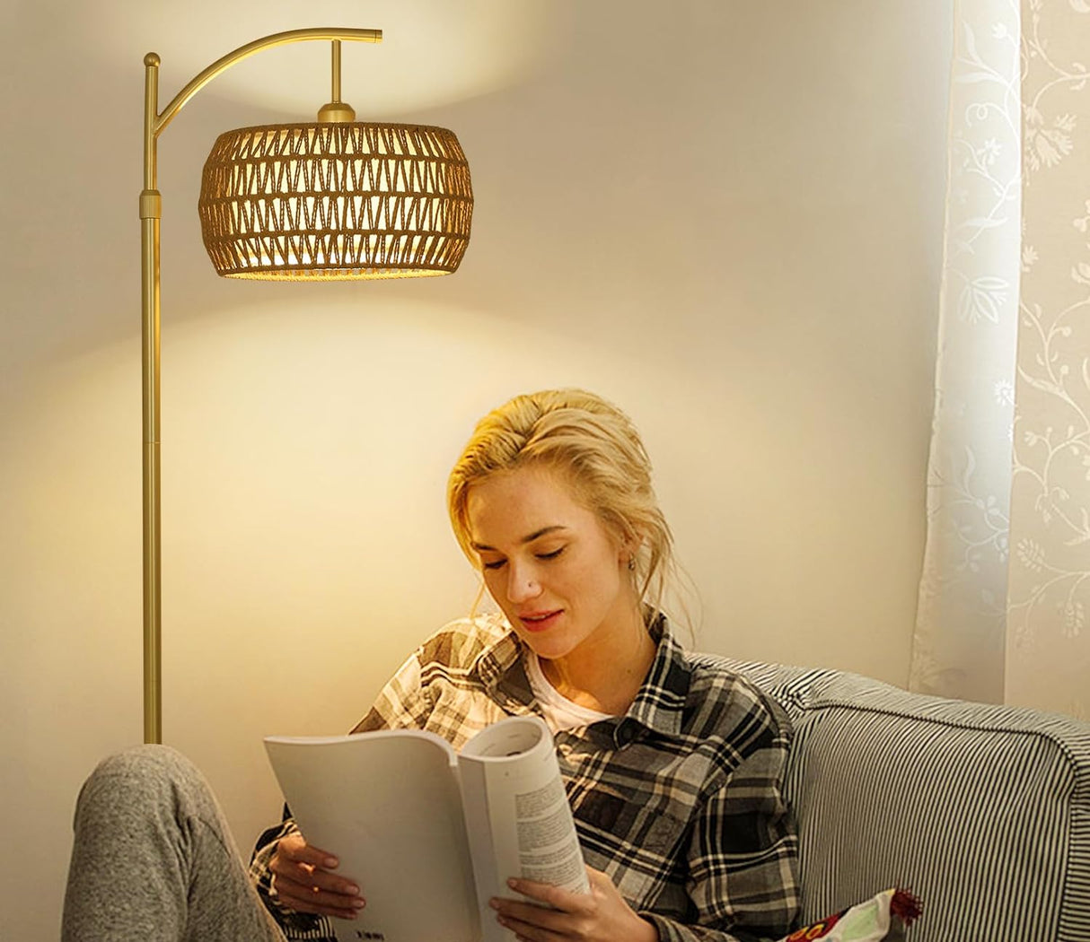 Arc Floor Lamp with 3 Color Temperatures, LED Gold Floor Lamp with Remote & Stepless Dimmable Bulb, Boho Standing Lamp - V.I.P Digital Presence