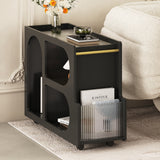 Stylish mobile desk with lockable wheels,bedside table with 5mm thick grooved tempered glass and gold round bars ，black - V.I.P Digital Presence