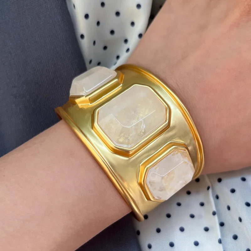 Brass Natural Stone Crystal Open Bracelet Gold Color Metal Bangle for Woman Jewelry Luxury Europe Trend Gifts Accessories - V.I.P Digital Presence