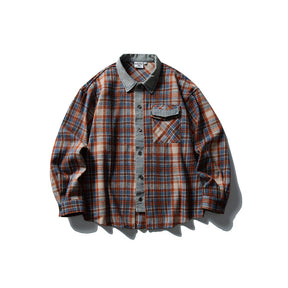 Color blocked denim patchwork brushed plaid shirt for men and women - V.I.P Digital Presence