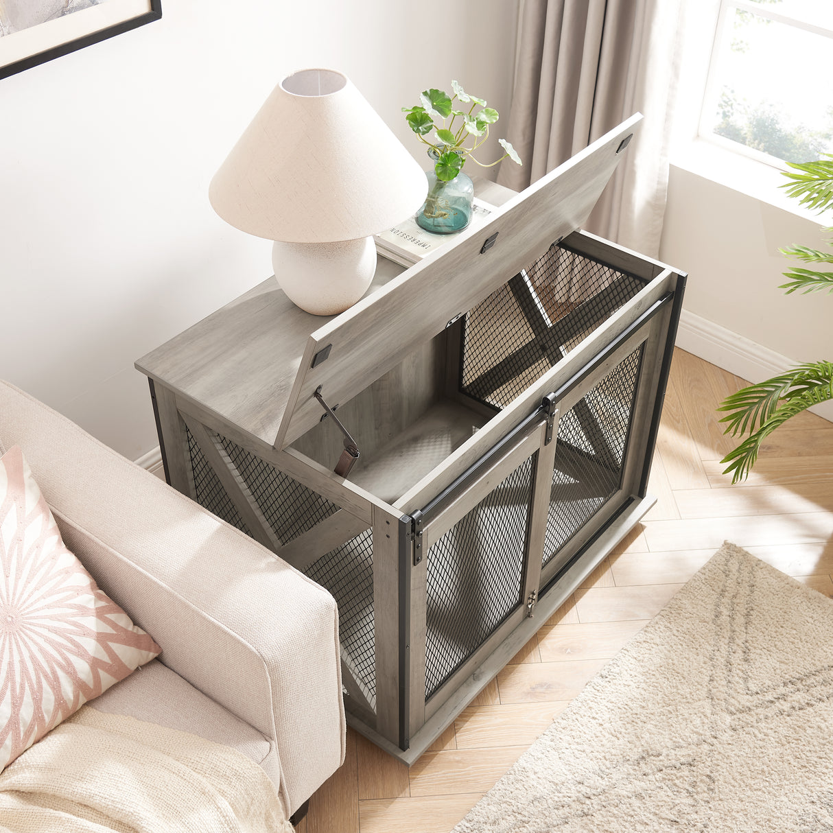 Farmhouse Dog Cage Crate Furniture with Sliding Barn Door, Farmhouse Wooden Dog Kennel End Table with Flip-top Plate Dog House - V.I.P Digital Presence