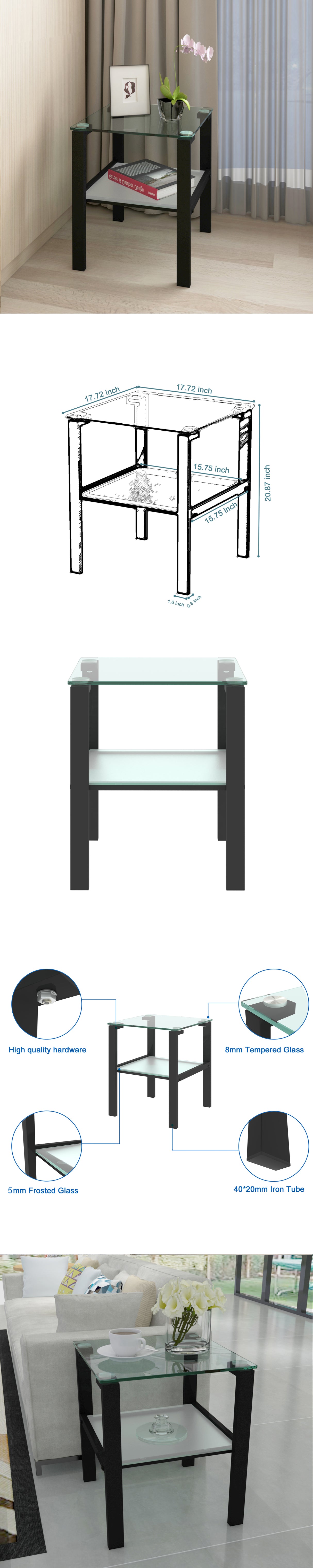 Glass two layer tea table, small round table, bedroom corner table, living room black side table - V.I.P Digital Presence