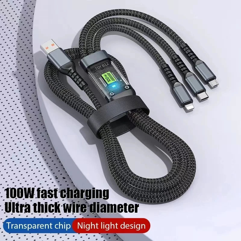 3 In 1 Usb 100w Cable For Fast Charging And Data Mini Usb Type C Micro Suitable For Iphone Android Xiaomi Huawei Oppo Charging - V.I.P Digital Presence