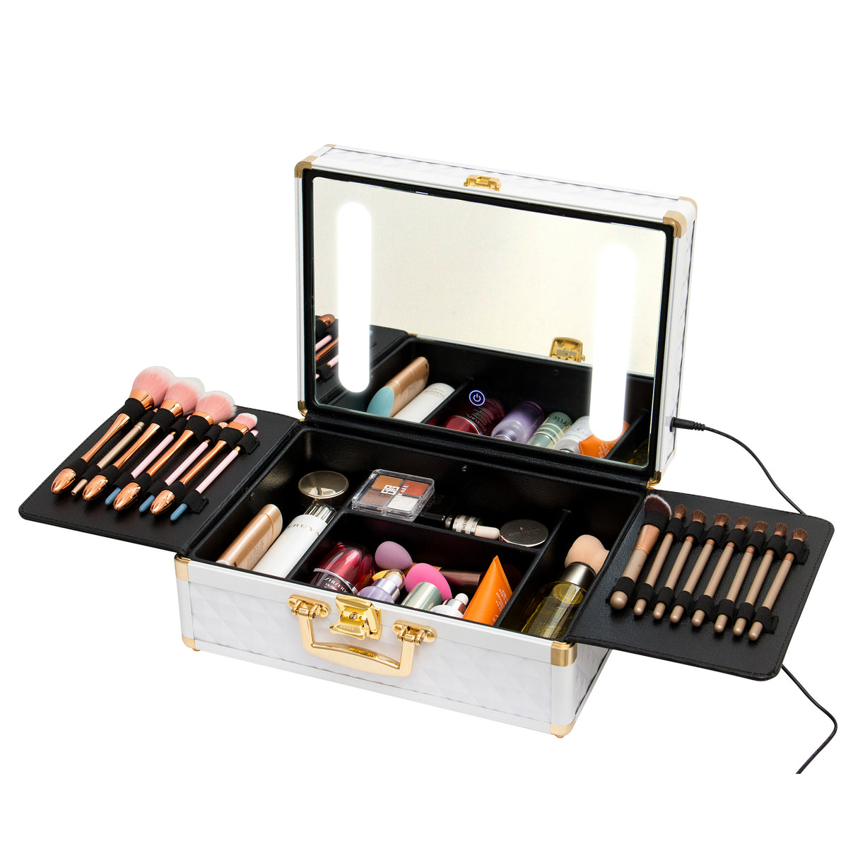 Portable makeup case, travel makeup bag with LED mirror, locked makeup storage box, brush holder, divider, rechargeable, white - V.I.P Digital Presence