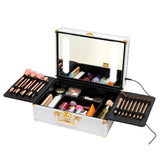 Portable makeup case, travel makeup bag with LED mirror, locked makeup storage box, brush holder, divider, rechargeable, white - V.I.P Digital Presence