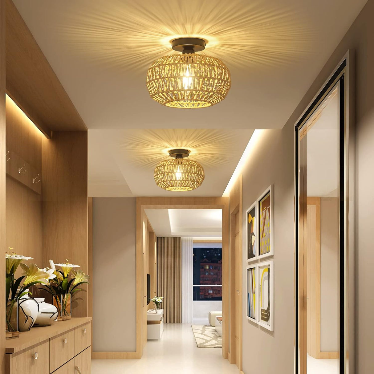 Rattan Light Fixtures Ceiling Mount,Boho Ceiling Light Fixture with Dimmable LED Bulb Mini Hand Woven Rattan - V.I.P Digital Presence