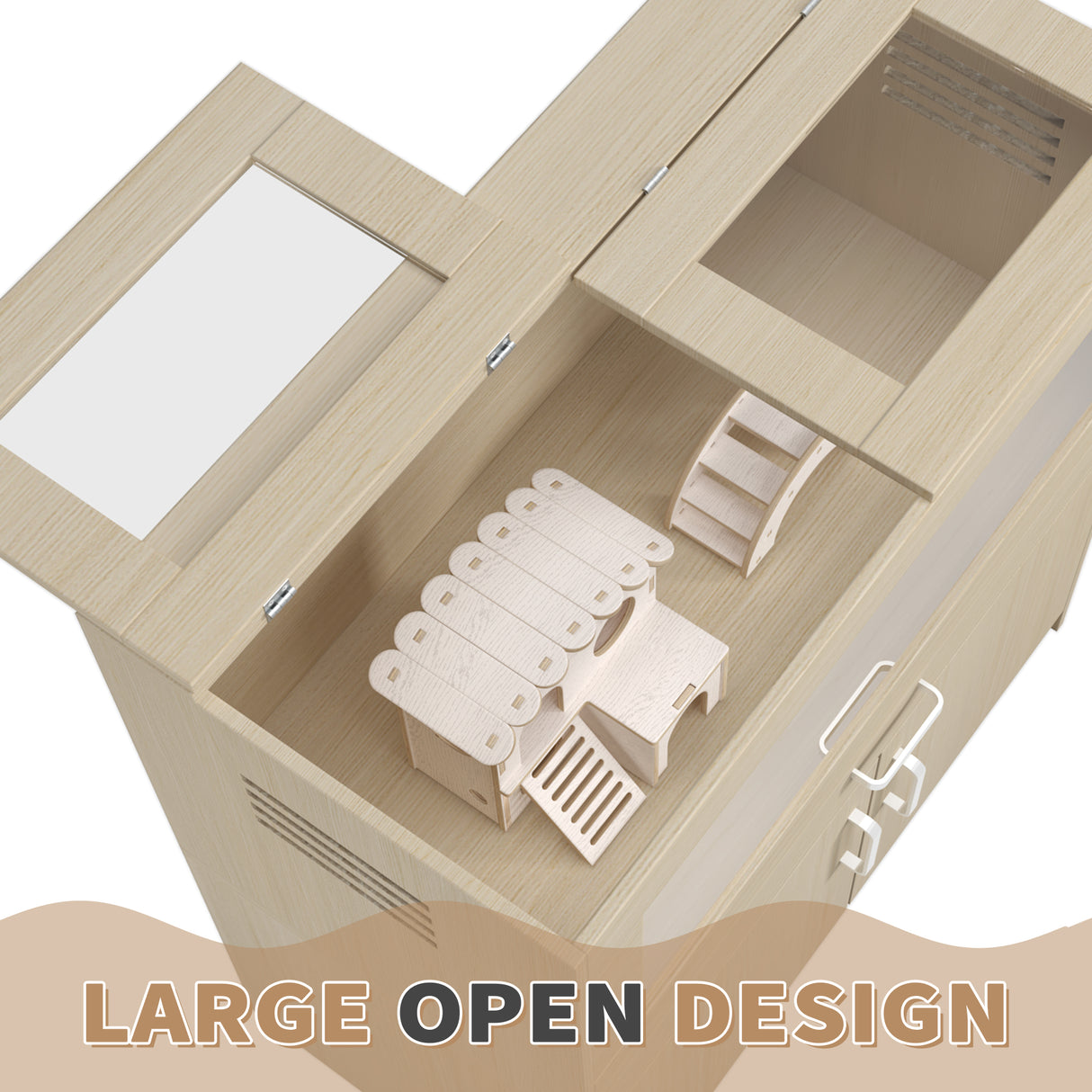 Squirrel cage acrylic panel with independent storage cabinet and wooden guinea pig room with bridge (L 31.50 x W 15.75 x H32.28) - V.I.P Digital Presence