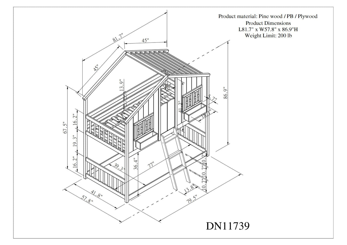 Twin over Twin House Bunk Bed with Roof , Window, Window Box, Door , with Safety Guardrails and Ladder, Grey - V.I.P Digital Presence
