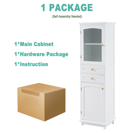 High bathroom storage cabinet with glass door, freestanding, two drawers and adjustable shelves, MDF board, painted white - V.I.P Digital Presence