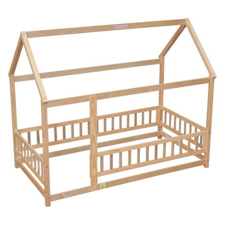 Twin Size Floor Wooden Bed with House Roof Frame, Fence Guardrails - V.I.P Digital Presence