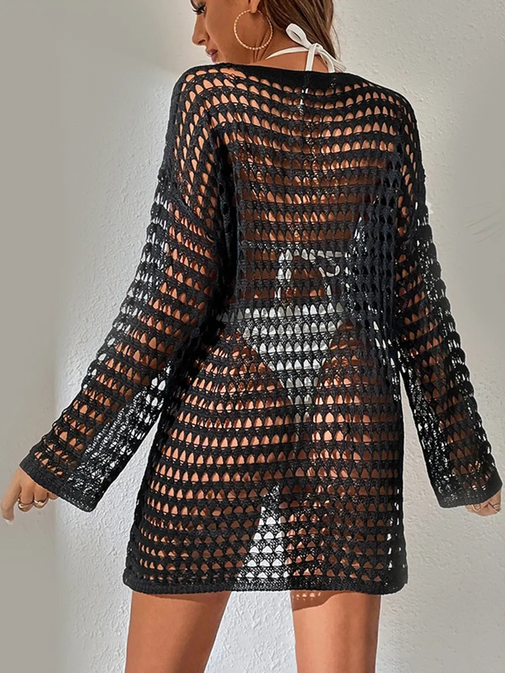 Knitted hollowed out pullover round neck long sleeved bikini swimsuit cover - V.I.P Digital Presence