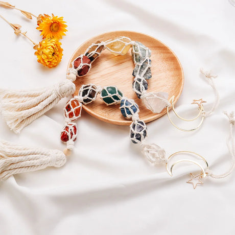 Natural Crystal Seven Color Gemstone White Rope Mesh Bag Hand woven Car Hanging Polishing Gemstone Jewelry Pendant - V.I.P Digital Presence