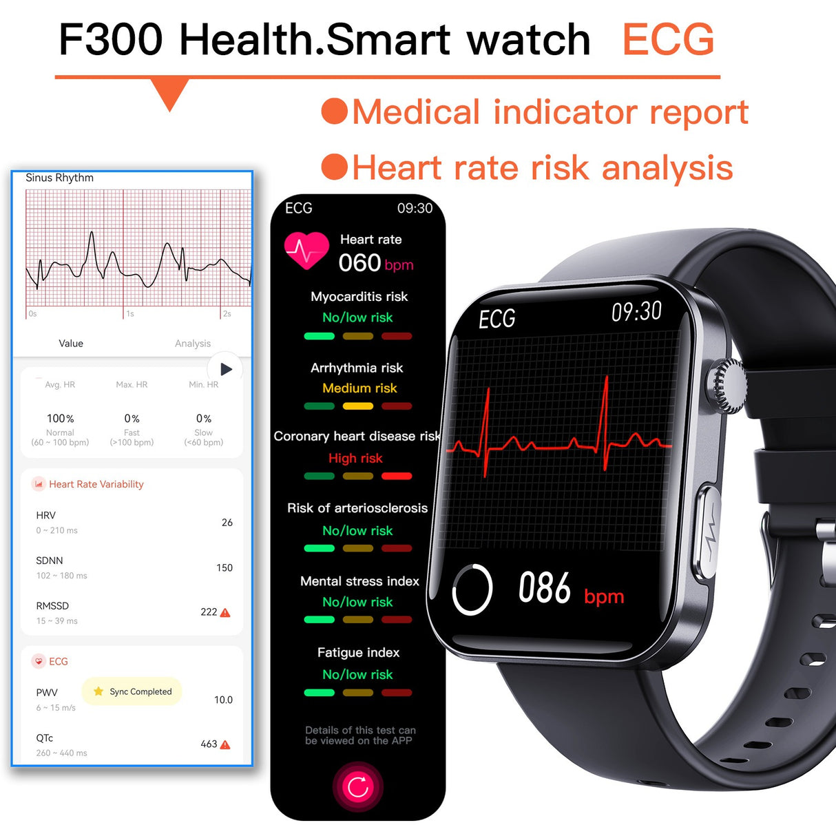F300 smartwatch ECG electrocardiogram monitoring SOS fall alarm blood glucose and blood pressure watch HRV report - V.I.P Digital Presence