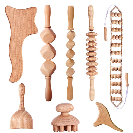Beech wood therapy scraping cup, meridian dredging roller, tendon rolling stick, scraping board, head massager, massage set - V.I.P Digital Presence