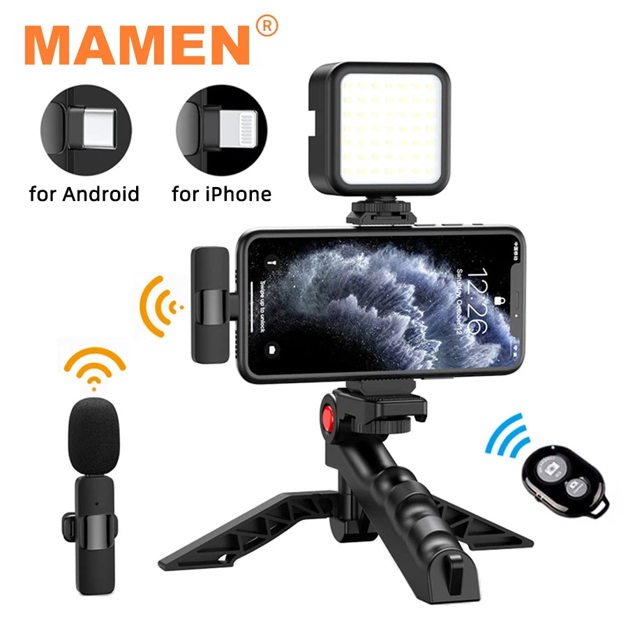 MAMEN Wireless Vlogging Kit Phone Tripod with Lavalier Microphone LED Light for iPhone Android Smartphone Live Streaming Toolkit - V.I.P Digital Presence