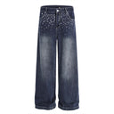 Street Design Floral Embroidered Denim Wide-Leg Long Pants Men's Vibe Trendy Washed Distressed Straight Leg Trousers - V.I.P Digital Presence