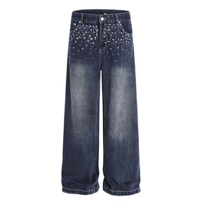 Street Design Floral Embroidered Denim Wide-Leg Long Pants Men's Vibe Trendy Washed Distressed Straight Leg Trousers - V.I.P Digital Presence