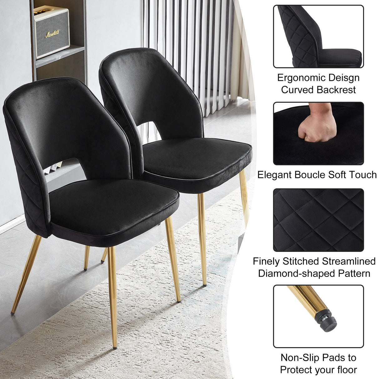 Black Velvet Dining Chairs with Metal Legs and Hollow Back Upholstered Dining Chairs Set of 4 - V.I.P Digital Presence