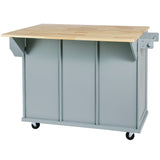 Kitchen handcart with rubber wood leaf countertop, storage cabinet, shelf, and 3 dining room drawers, gray blue - V.I.P Digital Presence