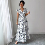 Spring Summer New Printed Ruffled V-Neck Sexy Fitted Slimming Long Dress Gown - V.I.P Digital Presence