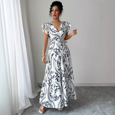 Spring Summer New Printed Ruffled V-Neck Sexy Fitted Slimming Long Dress Gown - V.I.P Digital Presence