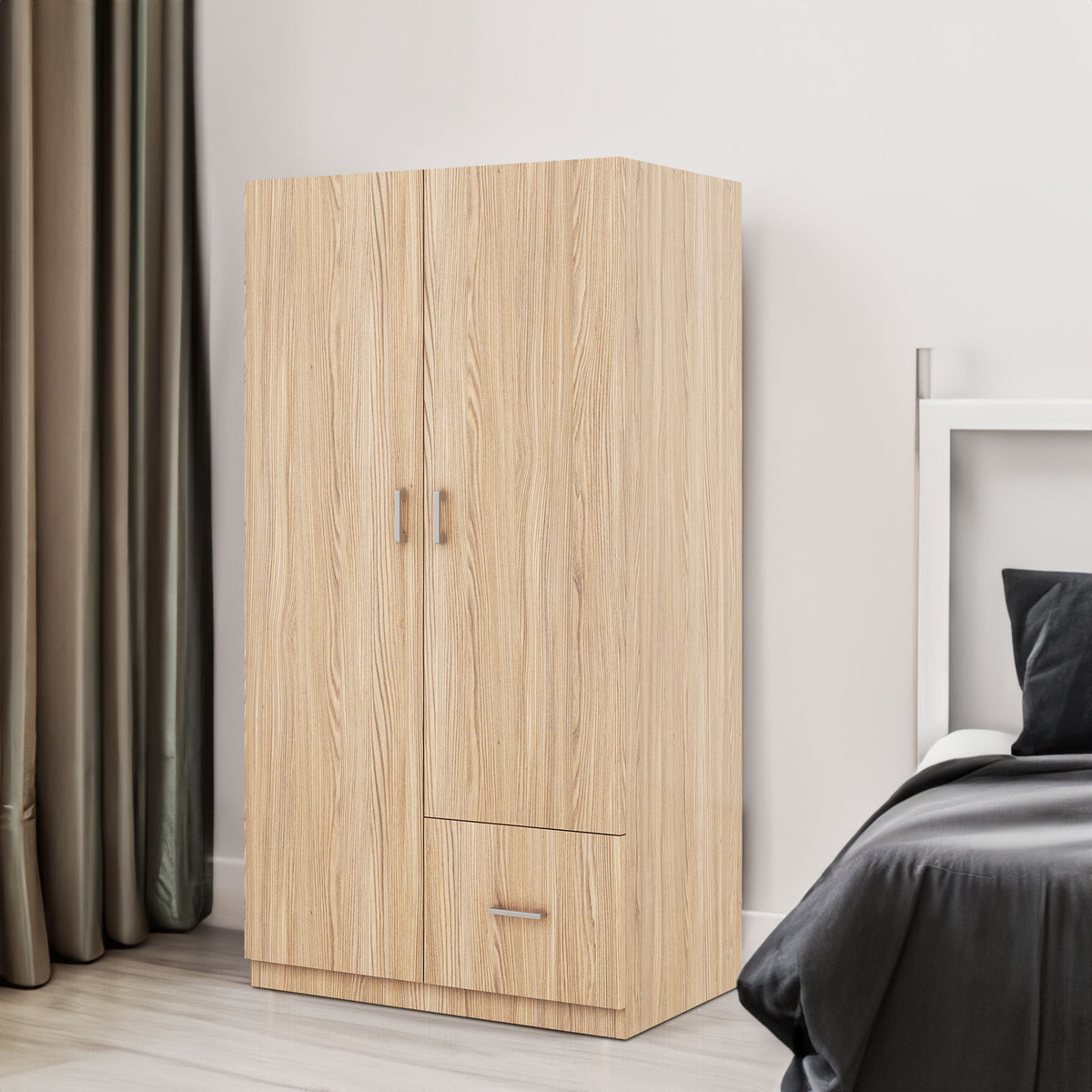 Wooden Wardrobe with Double Doors, Armoire with Hanging Rod, 5 Fixed Shelves, One Storage Drawer,Natural - V.I.P Digital Presence