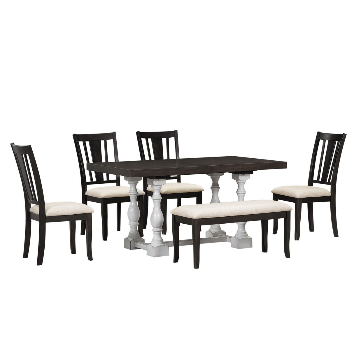Traditional 6-Piece 78inch Trestle Extendable Dining Table Set with One 18inch Removable Leaf Distressed White - V.I.P Digital Presence