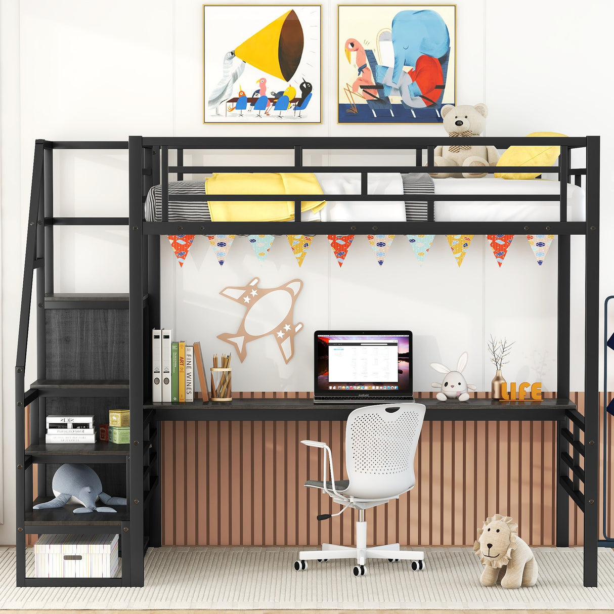 Full Size Metal Loft Bed with Desk, Storage Staircase and Small Wardrobe, Storage stairs can be installed left and right,Black - V.I.P Digital Presence