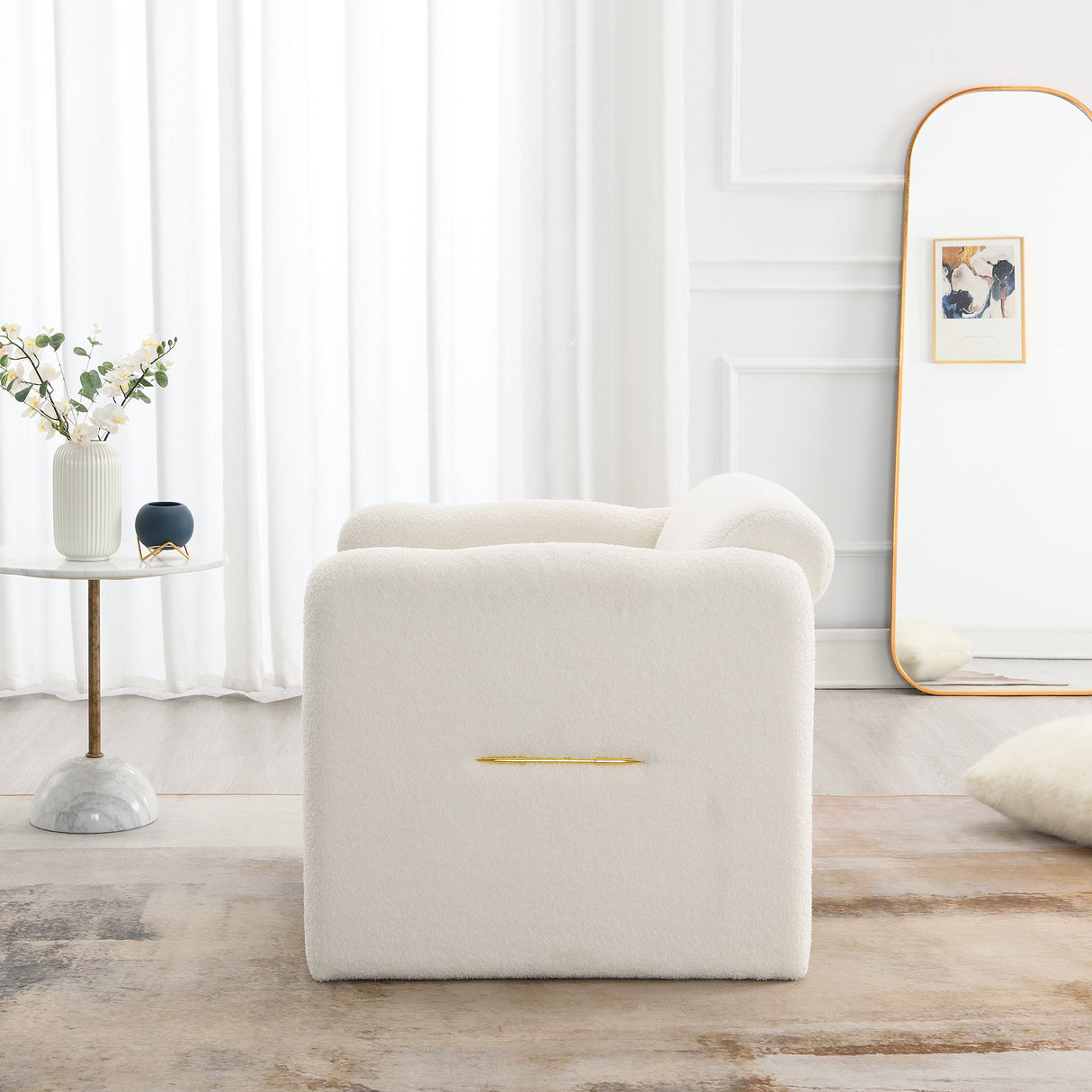 Armchair with wavy armrests, metal decorations on both sides of the armrests, made of Teddy cloth, white - V.I.P Digital Presence