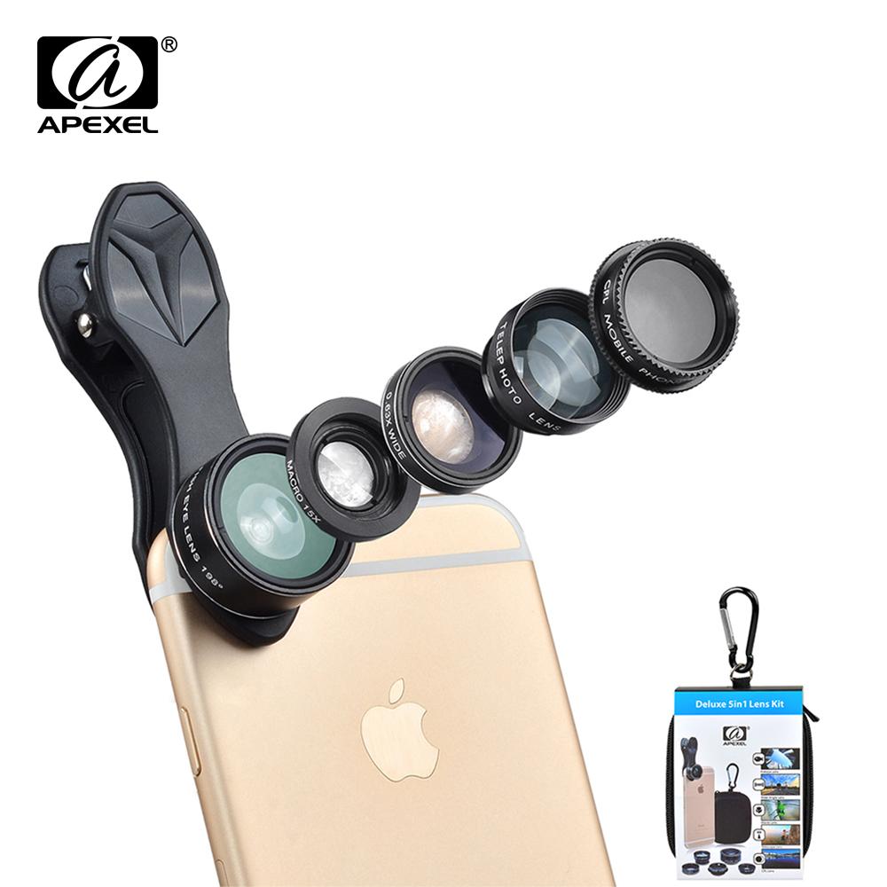 APEXEL 5 in 1 Fisheye Wide Angle Macro lens Telescope telephoto lens CPL Mobile Phone mini camera lens for iPhone Samsung xiaomi - V.I.P Digital Presence