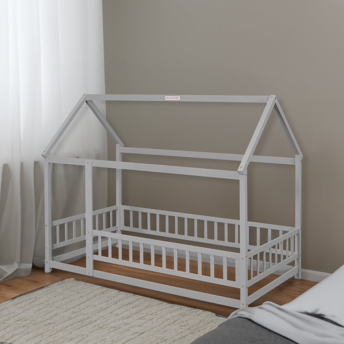 Twin Size Floor Wooden Bed with House Roof Frame, Fence Guardrails,Grey - V.I.P Digital Presence
