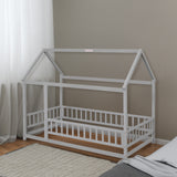 Twin Size Floor Wooden Bed with House Roof Frame, Fence Guardrails,Grey - V.I.P Digital Presence